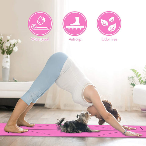 FrenzyBird 6mm TPE Yoga Mat with Carrying Strap and Alignment System - Rose Red