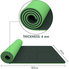 FrenzyBird 6mm TPE Yoga Mat with Carrying Strap and Alignment System - Dark Green