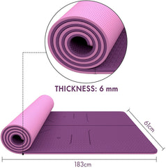FrenzyBird 6mm TPE Yoga Mat with Carrying Strap and Alignment System - Deep Purple