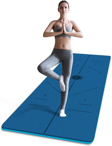 FrenzyBird 6mm TPE Yoga Mat with Carrying Strap and Alignment System - Dark Blue