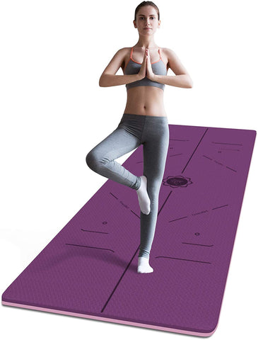 FrenzyBird 6mm TPE Yoga Mat with Carrying Strap and Alignment System - Deep Purple