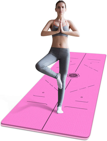 FrenzyBird 6mm TPE Yoga Mat with Carrying Strap and Alignment System - Rose Red