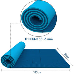 FrenzyBird 6mm TPE Yoga Mat with Carrying Strap and Alignment System - Dark Blue