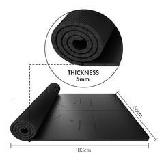 FrenzyBird 5mm PU Rubber Yoga Mat with Carrying Strap and Alignment System - Black