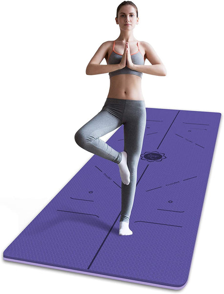 FrenzyBird 6mm TPE Yoga Mat with Carrying Strap and Alignment System - Violet